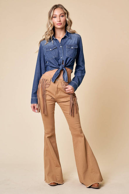 SIT3796A MED WASH WESTERN TIE FRONT BUTTON DOWN LT DENIM TOP