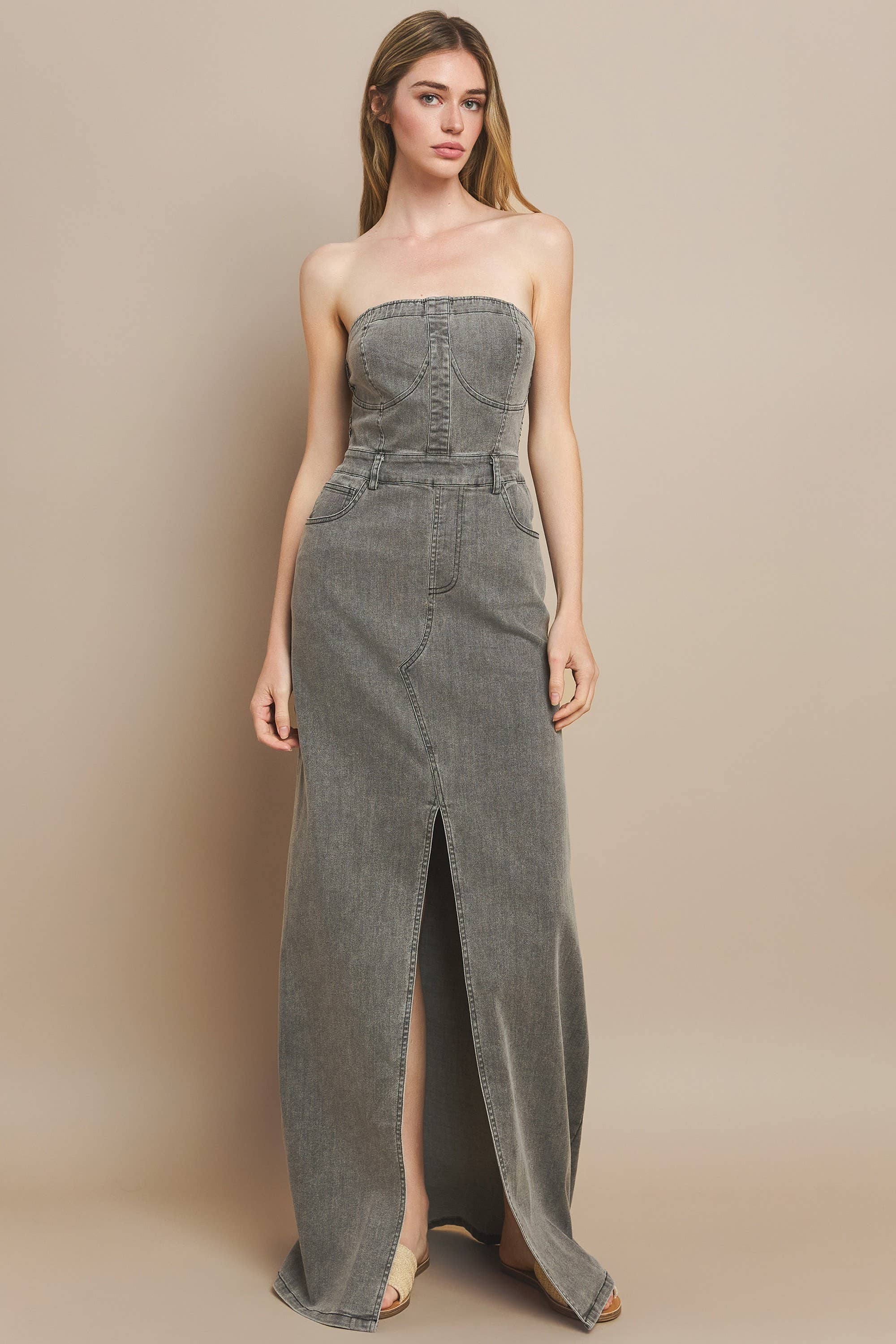 STRAPLESS DENIM MAXI DRESS 3135DIA DARK DEN