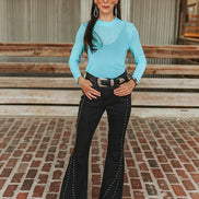 Jade Mesh Ruched Mock Neck Long Sleeve Top