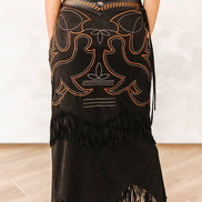Black Boot Stitch Suede Fringe Skirt W Leather Upper Yoke: S