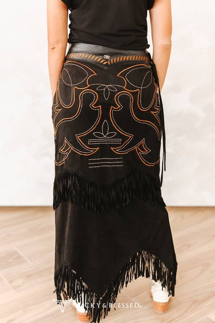 Black Boot Stitch Suede Fringe Skirt W Leather Upper Yoke: S