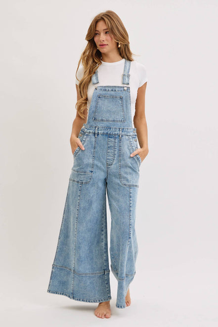 WIDE-LEG DENIM OVERALL JUMPSUIT: DENIM BLUE / Contemporary / S