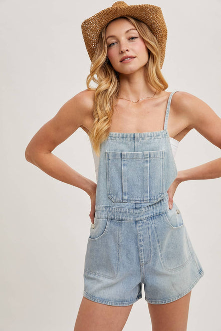 BOW-TIE DENIM OVERALL SHORTS: MED.WASH / S
