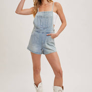 BOW-TIE DENIM OVERALL SHORTS: MED.WASH / S