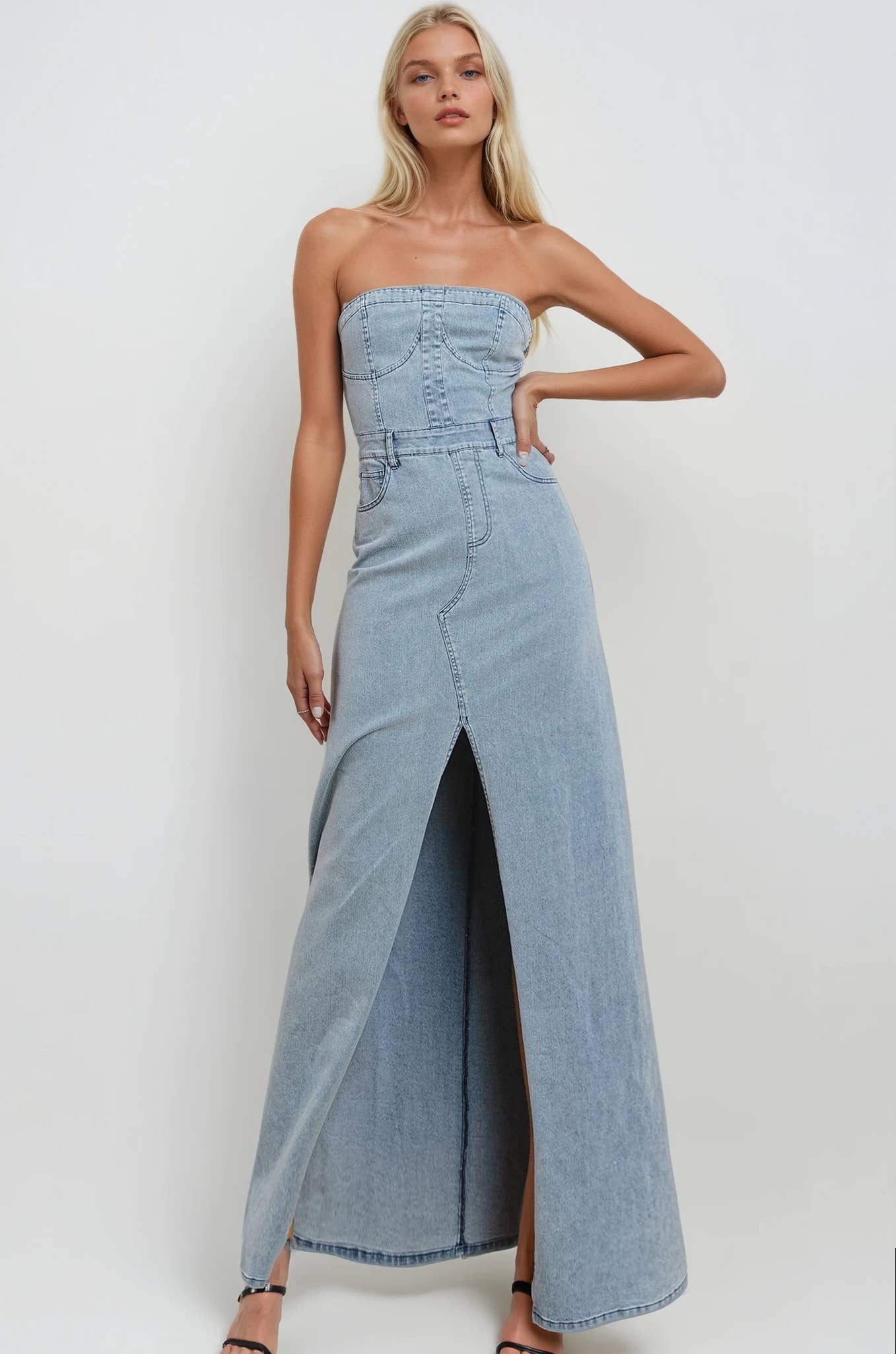 STRAPLESS DENIM MAXI DRESS 3135DIA DARK DEN