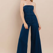 OFF SHOULDER WIDE LEG DENIM JUMPSUIT - 4406 DK DEN