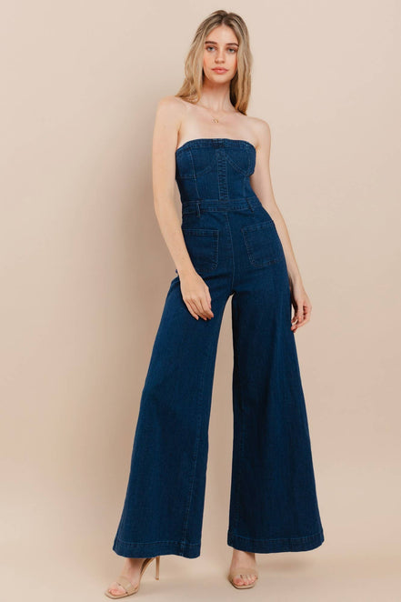 OFF SHOULDER WIDE LEG DENIM JUMPSUIT - 4406 DK DEN