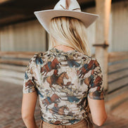 Brown Vintage Cowboy Rodeo Print Mesh Short Sleeve Top