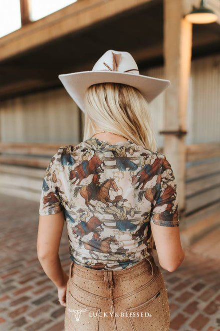 Brown Vintage Cowboy Rodeo Print Mesh Short Sleeve Top