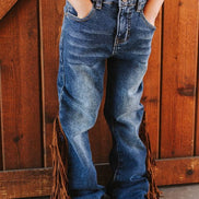 Girls Stone Mid Wash Camel Side Fringe High Rise Flare Jeans