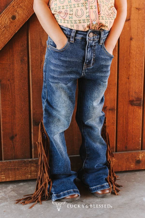 Girls Stone Mid Wash Camel Side Fringe High Rise Flare Jeans