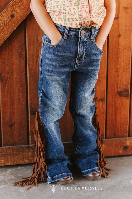 Girls Stone Mid Wash Camel Side Fringe High Rise Flare Jeans