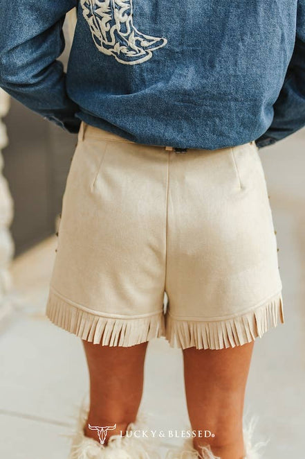 Sand Suede Fringe Hem Vintage Gold Studded Eyelet Shorts