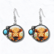 Western Sunflower Cow Portrait Drop Earrings