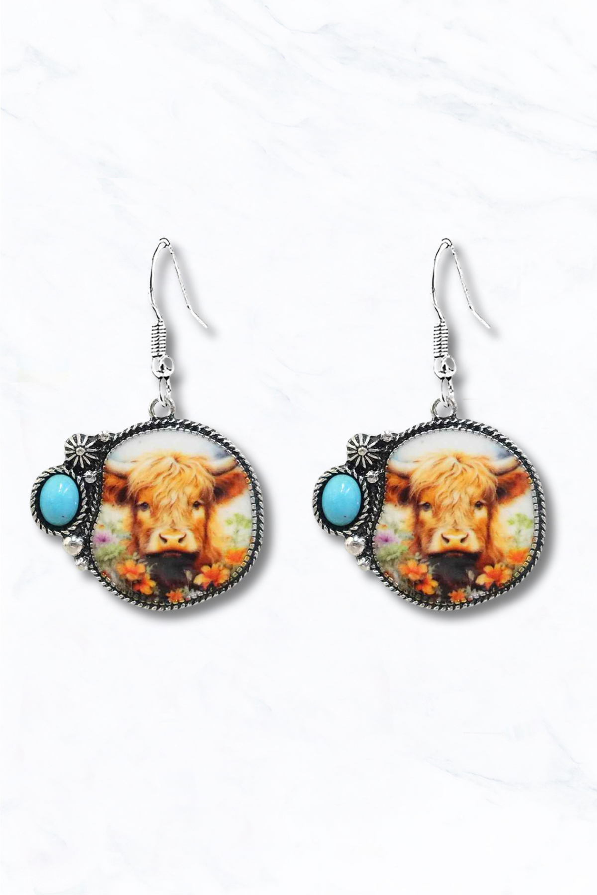 Western Sunflower Cow Portrait Drop Earrings