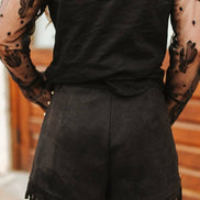 Black Suede Fringe Hem Vintage Gold Studded Eyelet Shorts