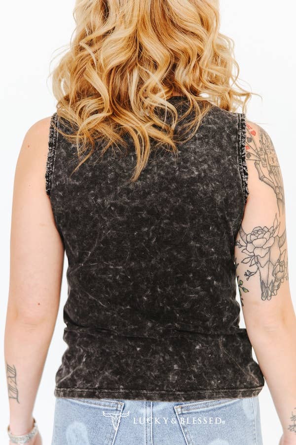 Black Mineral Wash Rodeo Printed Trim Detail Tank Top