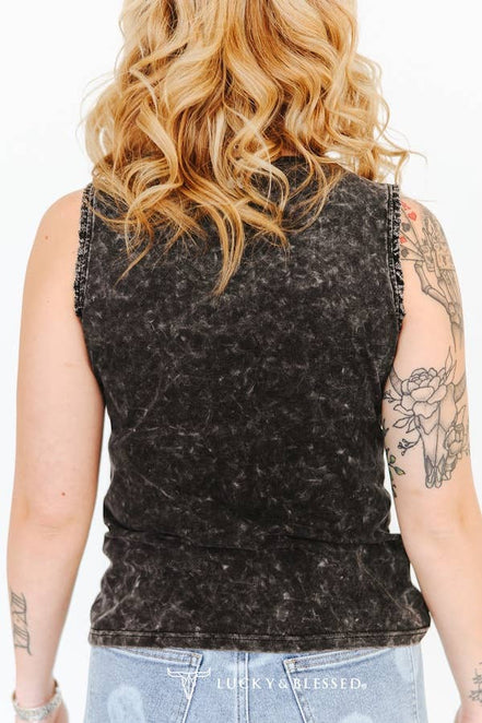 Black Mineral Wash Rodeo Printed Trim Detail Tank Top