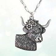 WESTERN ETCHED FLOWER COW PENDANT NECKLACE