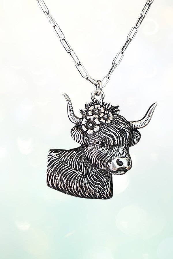 WESTERN ETCHED FLOWER COW PENDANT NECKLACE