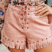 Pink Suede Fringe Hem Vintage Gold Studded Eyelet Shorts