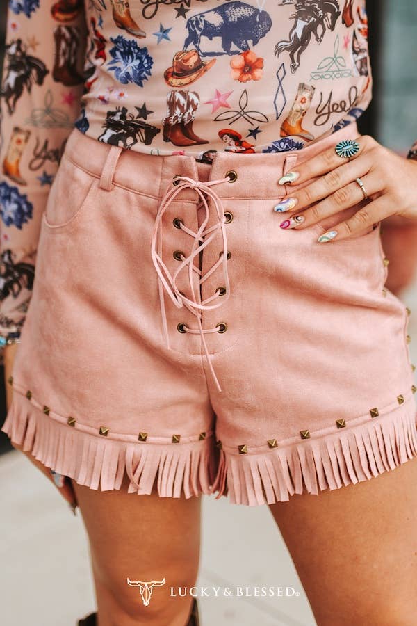 Pink Suede Fringe Hem Vintage Gold Studded Eyelet Shorts