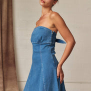 PD19530 Strapless Denim Tie Back Mini Dress