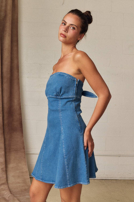 PD19530 Strapless Denim Tie Back Mini Dress