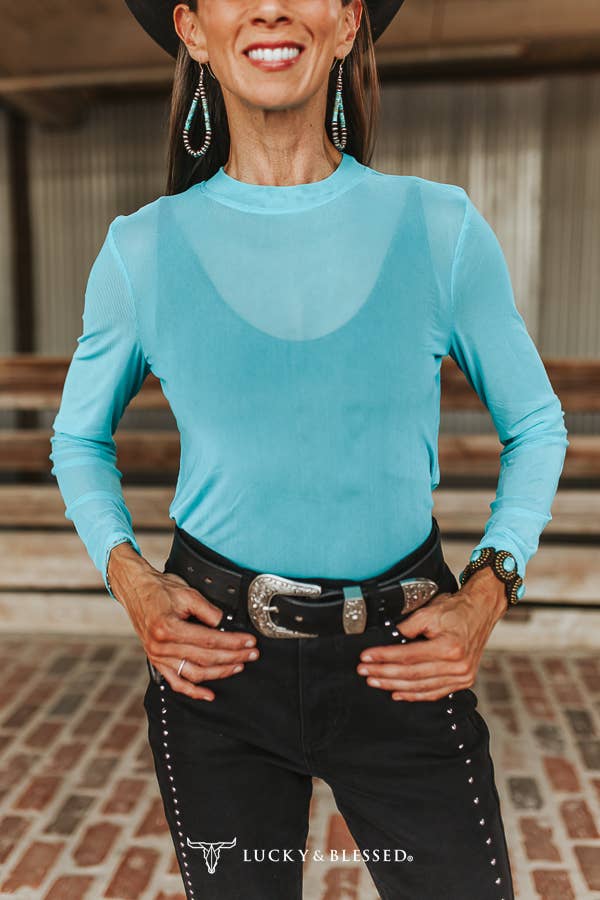 Jade Mesh Ruched Mock Neck Long Sleeve Top