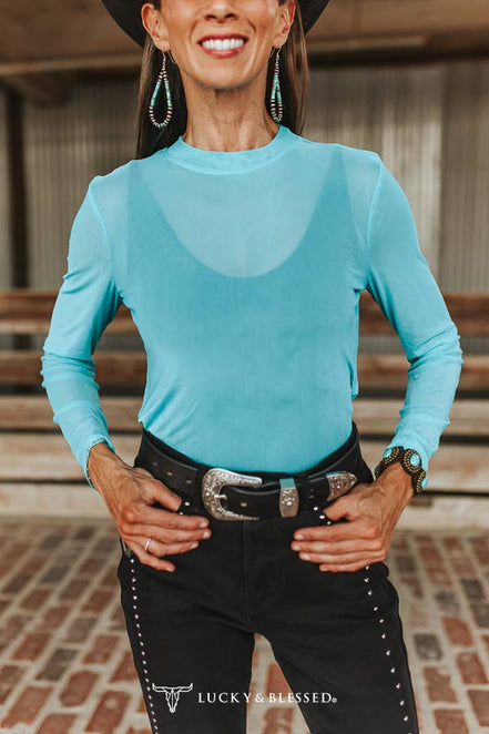 Jade Mesh Ruched Mock Neck Long Sleeve Top