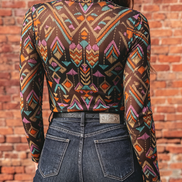 LDC Western Abstract Mock Neck Long Sleeve Sheath Blouse