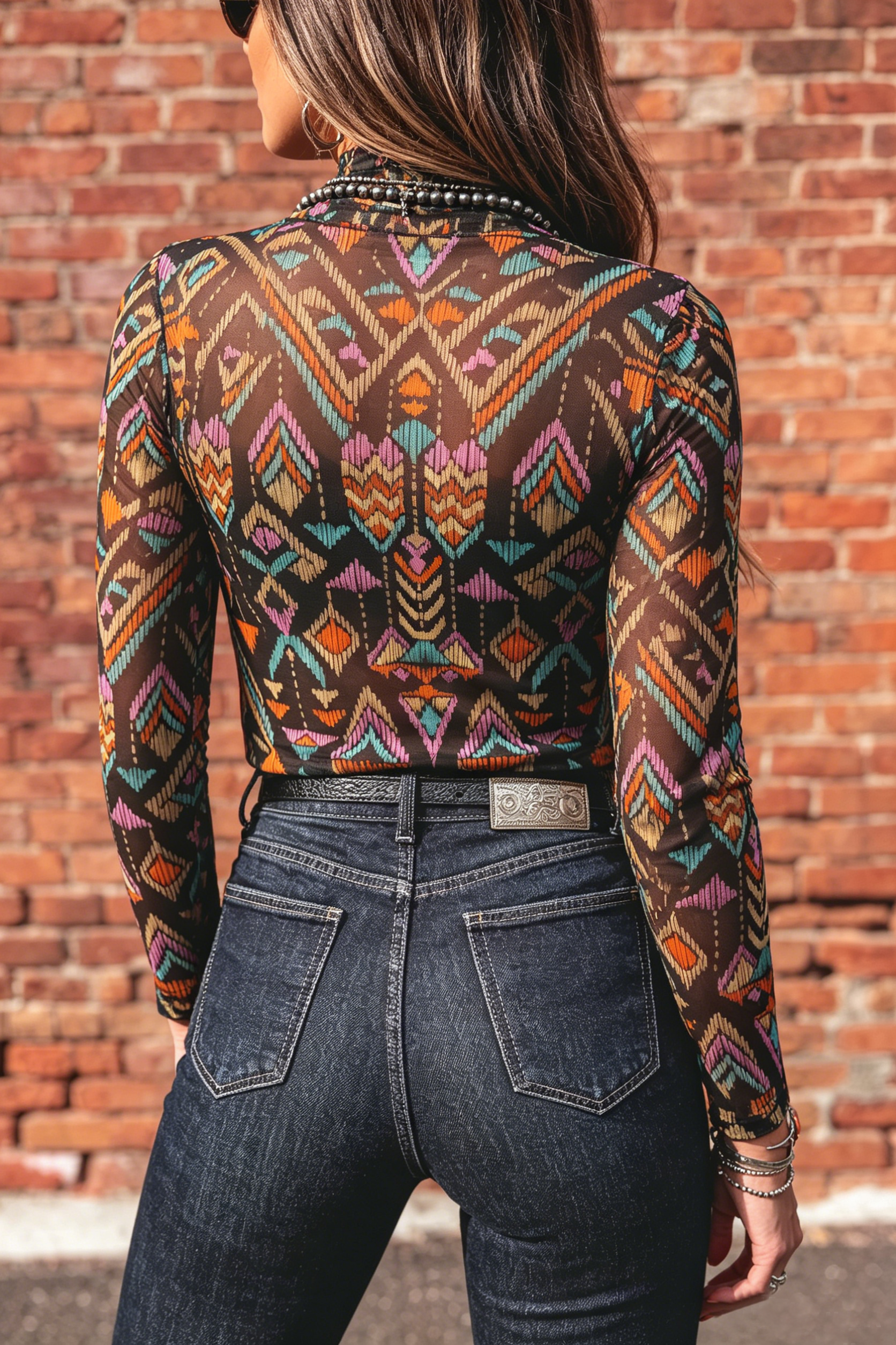 LDC Western Abstract Mock Neck Long Sleeve Sheath Blouse