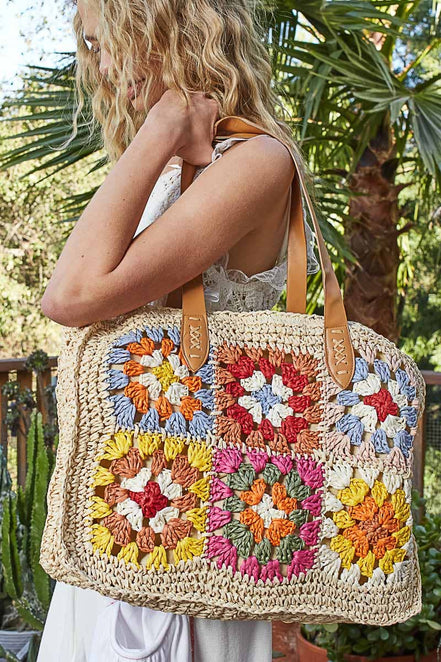 Crochet Squares Tote Bag: NATURAL MULTI / OS