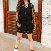 Black Suede Fringe Hem Vintage Gold Studded Eyelet Shorts