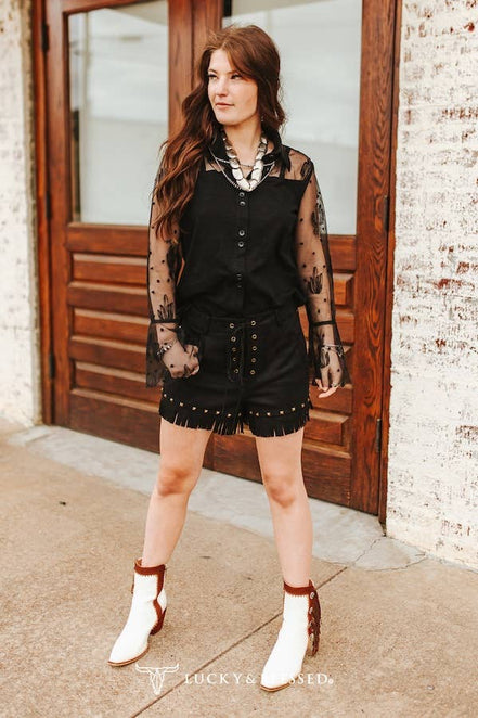 Black Suede Fringe Hem Vintage Gold Studded Eyelet Shorts