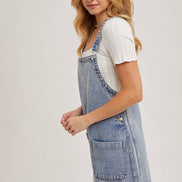DENIM OVERALL MINI DRESS WITH POCKETS: MED.WASH / M