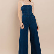 OFF SHOULDER WIDE LEG DENIM JUMPSUIT - 4406 DK DEN
