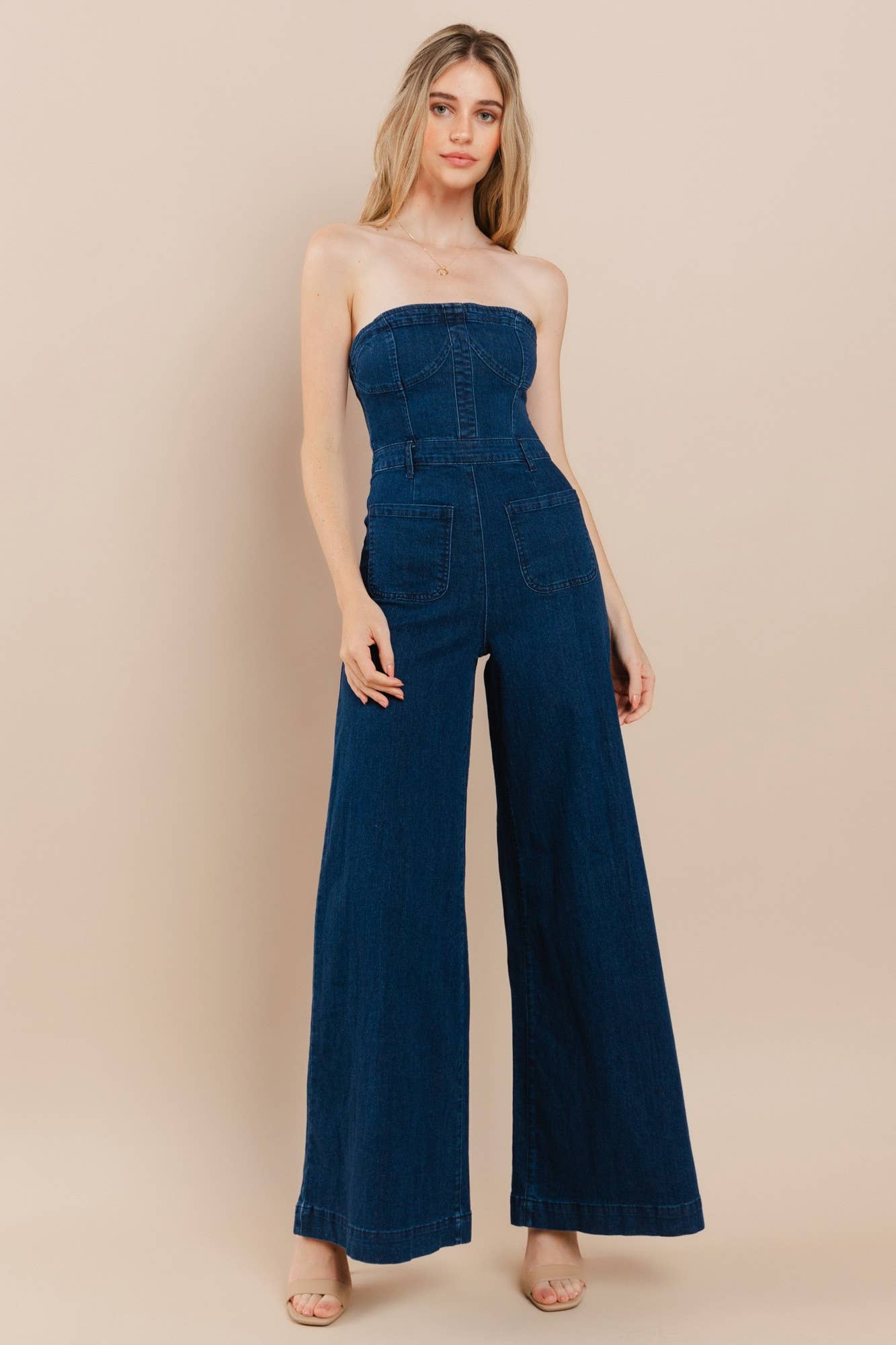 OFF SHOULDER WIDE LEG DENIM JUMPSUIT - 4406 DK DEN