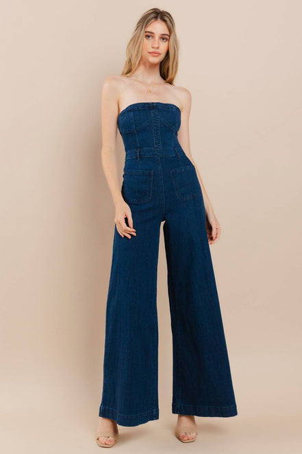 OFF SHOULDER WIDE LEG DENIM JUMPSUIT - 4406 DK DEN