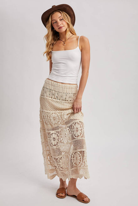 SHEER CROCHET KNIT MIDI SKIRT WITH LINING: NATURAL / M