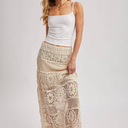 SHEER CROCHET KNIT MIDI SKIRT WITH LINING: NATURAL / L