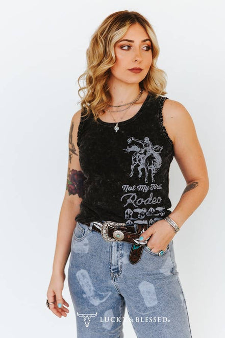 Black Mineral Wash Rodeo Printed Trim Detail Tank Top