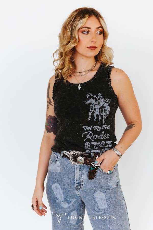 Black Mineral Wash Rodeo Printed Trim Detail Tank Top
