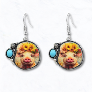 Western Sunflower Cow Portrait Drop Earrings