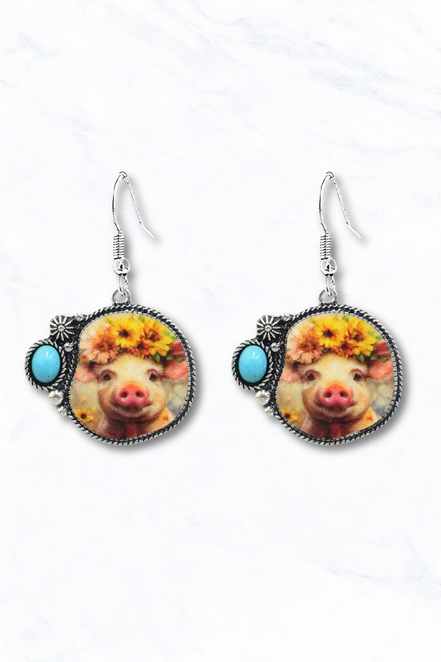 Western Sunflower Cow Portrait Drop Earrings