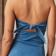 PD19530 Strapless Denim Tie Back Mini Dress