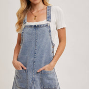 DENIM OVERALL MINI DRESS WITH POCKETS: MED.WASH / L