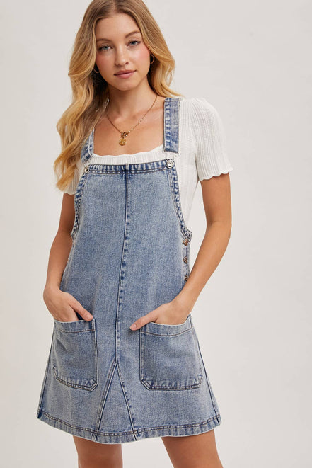 DENIM OVERALL MINI DRESS WITH POCKETS: MED.WASH / L