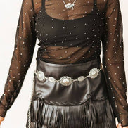 Black Long Sleeve Rhinestone Detail Mesh Top