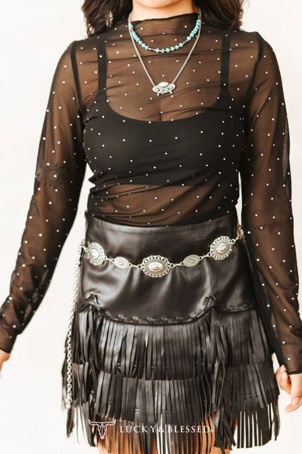 Black Long Sleeve Rhinestone Detail Mesh Top